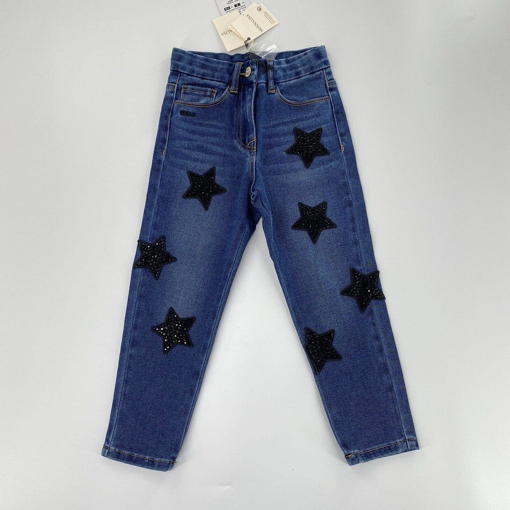 Monnalisa Girls NWT Designer Jeans Appliqué Embroidered Star Adjustable Sz 116